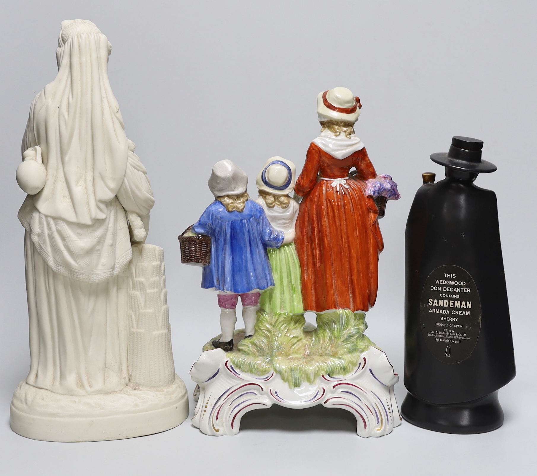 A Royal Doulton for Sandemans figural port bottle, a Dresden porcelain Yardleys Old English Lavender group and a Victorian parianware figure of Ceres, the largest 27cm high